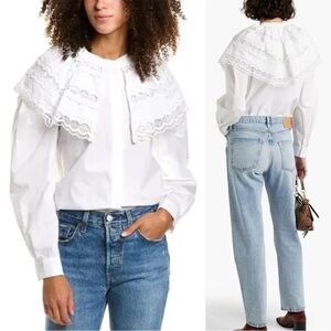 SANDRO NEW White Lace Embroidered Eyelet Ruffle Collar Poplin Ernesta Blouse Top